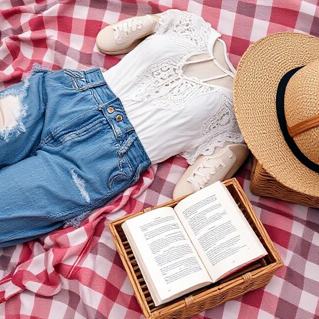 Laying-on-blanket shot with outfit, open picnic basket, strawberries, and book in frame