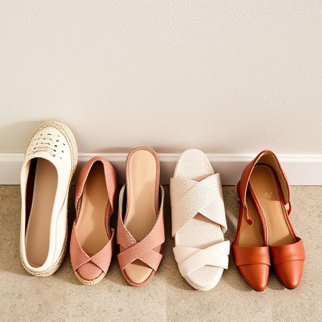 Line-up of shoes: espadrilles, sneakers, mules, heels