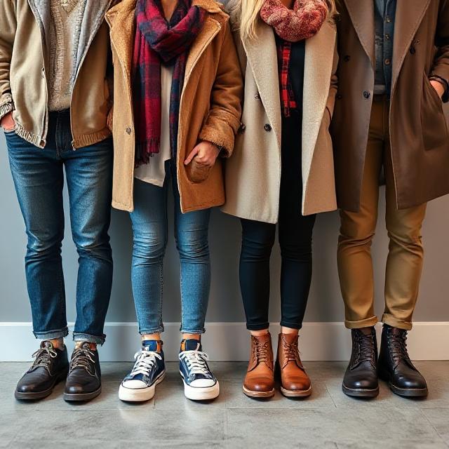 Lineup of 4 footwear styles next to outfits
