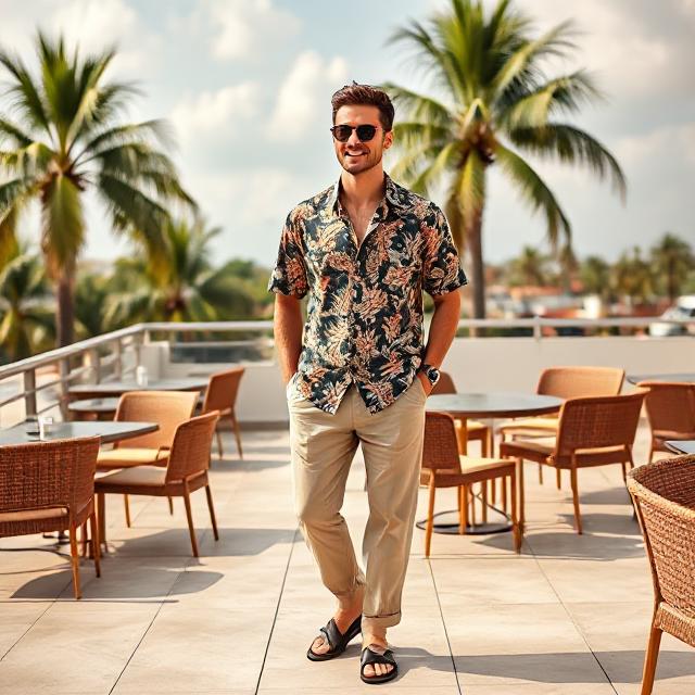 Man on rooftop brunch lounge, wearing patterned Cuban collar shirt, beige relaxed trousers, black leather sandals, round sunglasses, palm trees in background
