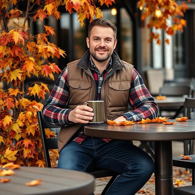 Man sitting at outdoor brunch table surrounded by autumn leaves, wearing flannel shirt, quilted vest, dark jeans, holding coffee mug, rustic café scene