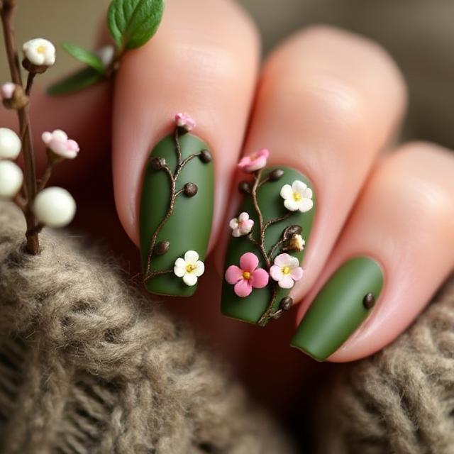 Matte Green Nails with 3D Vines and Blossoms