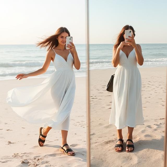 Minimalist mirror selfie of full white outfit + black sandal pop