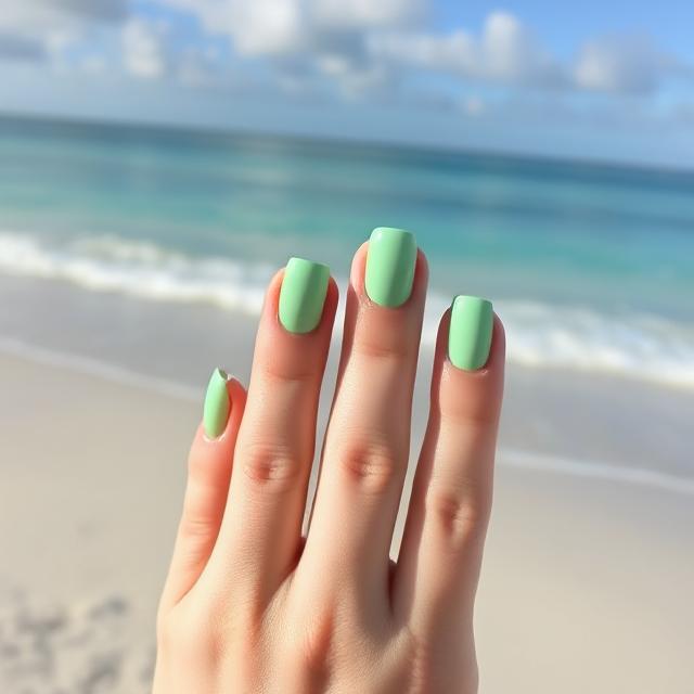 Mint green frosted nails on beachy background