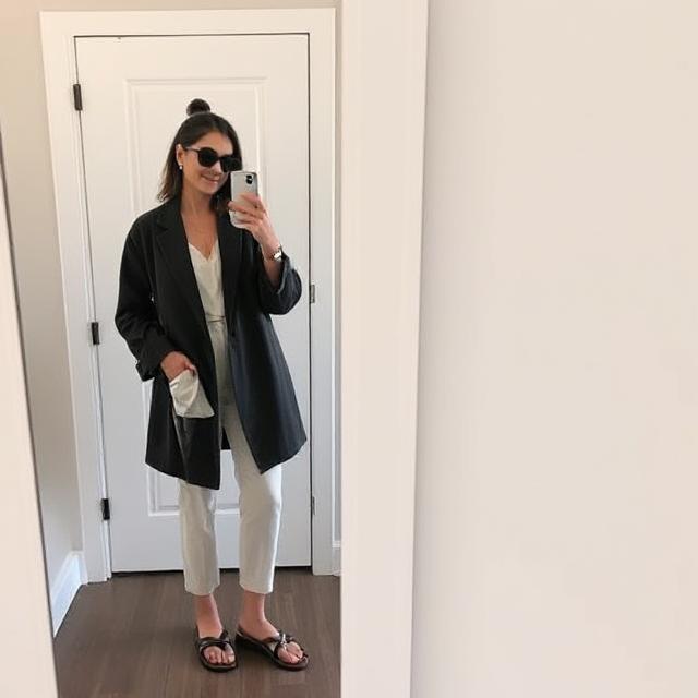 Mirror selfie of outfit with fisherman sandals + oversized blazer