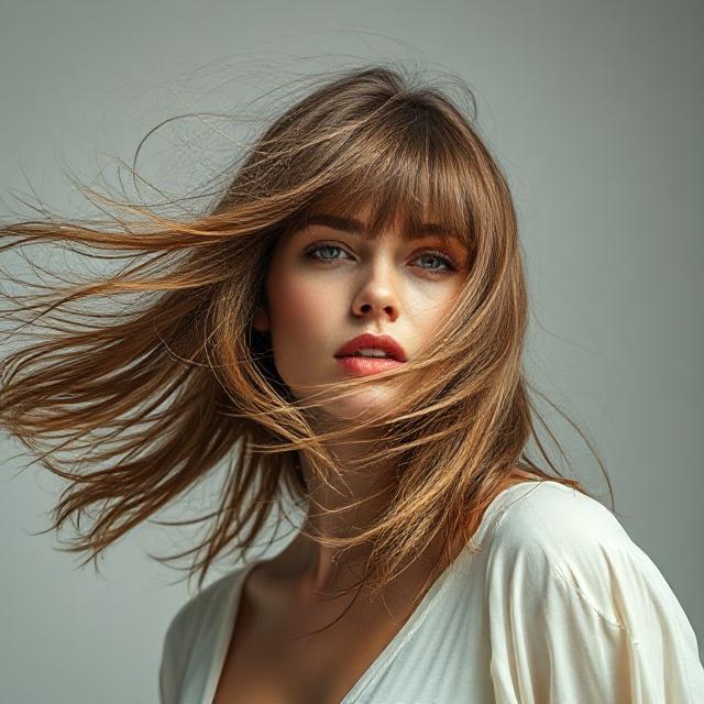 Model flipping hair with curtain bangs blowing in wind