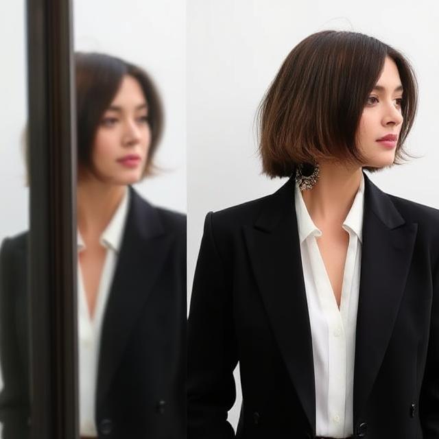 Model in blazer + short bob + statement earrings