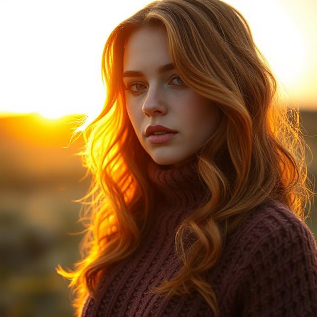 Model in sweater with wavy copper hair under golden hour