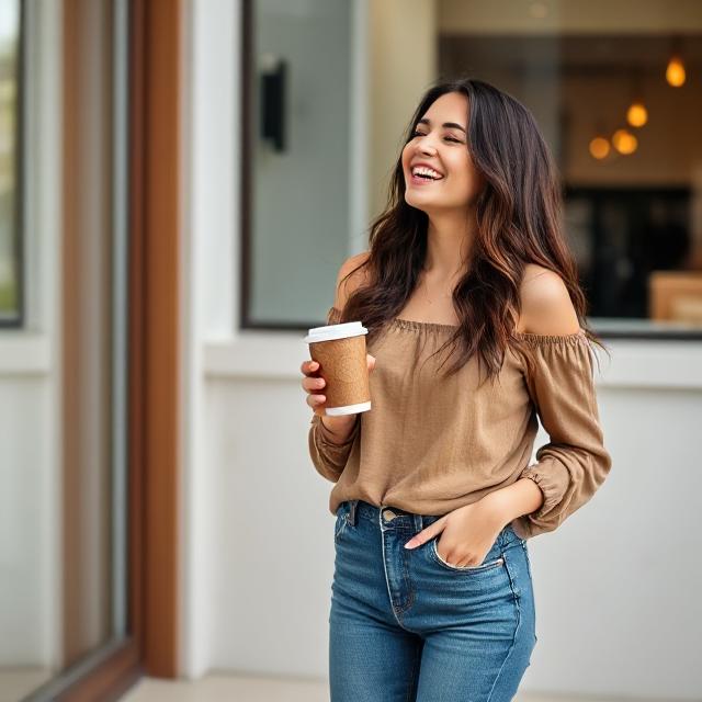 Model laughing in jeans and off-shoulder top with coffee