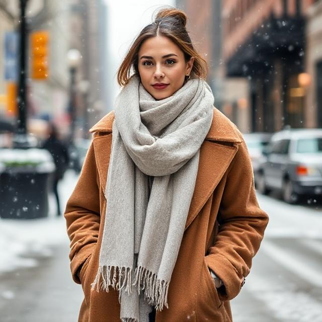 Model layering oversized coat + scarf on a snowy NYC day