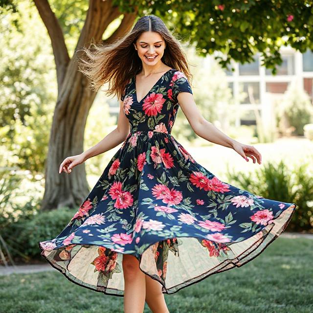 Model twirling in a floral brunch dress