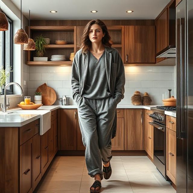 Model walking through kitchen in layered loungewear look