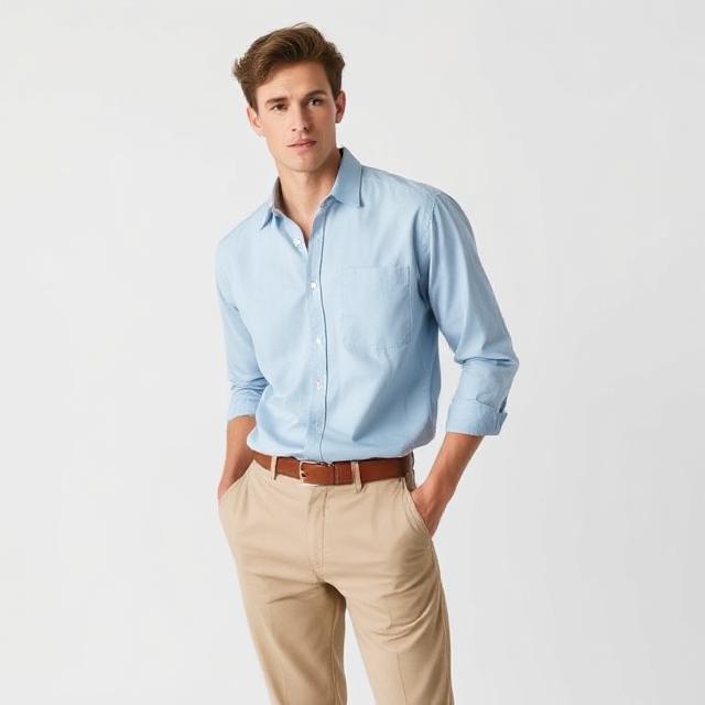 Model wearing a light blue button-down with khaki chinos