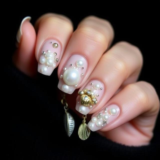Nails with embedded pearl and shell charms