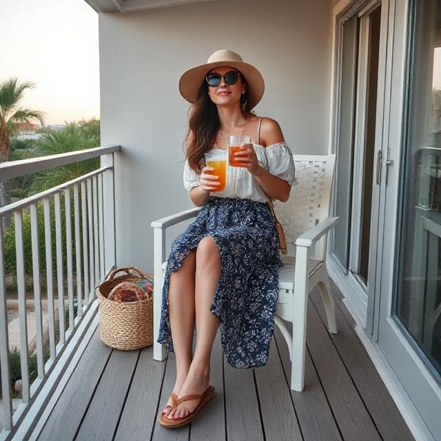 Neutral aesthetic outfit on balcony with iced drink and Fisherman sandals