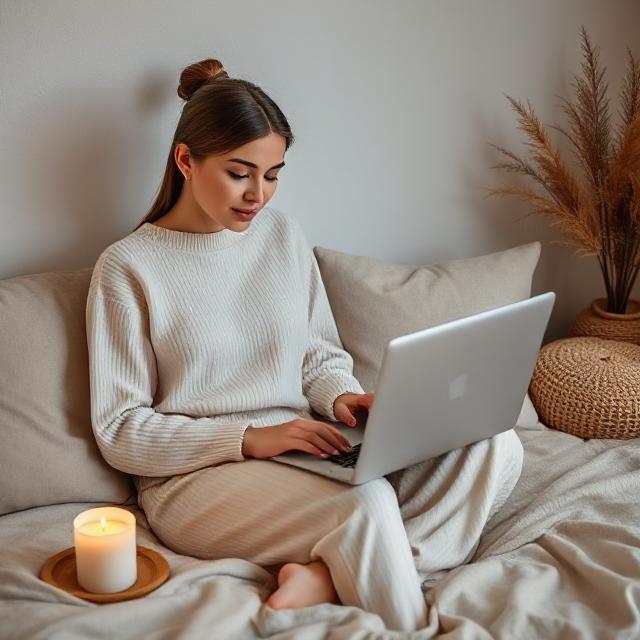 Neutral-toned co-ord set with open laptop and candle nearby