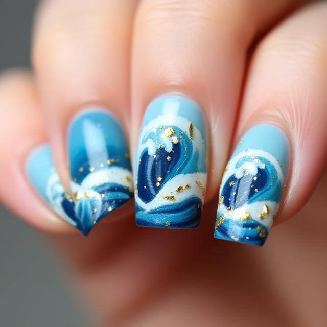Ocean wave nail art with tiny gold flakes