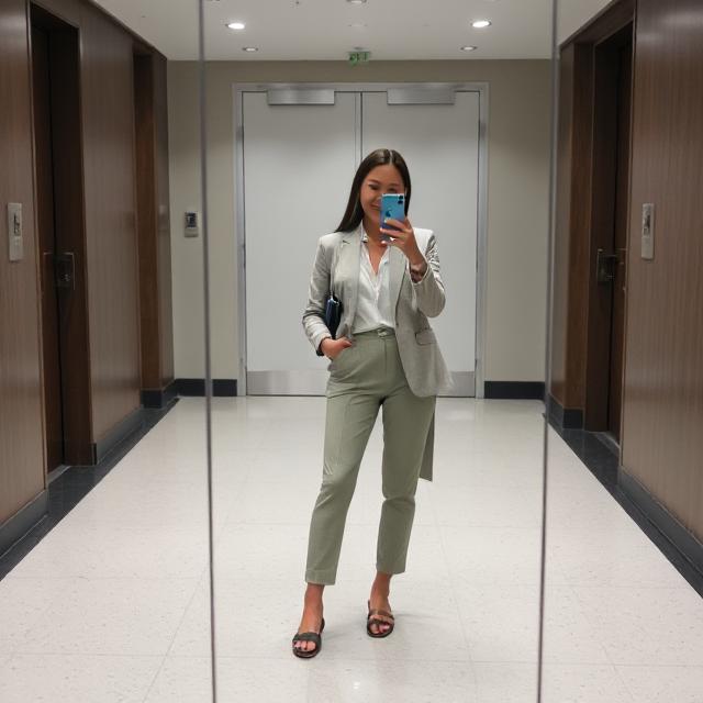 Office lobby mirror pic showing workwear outfit and sandals