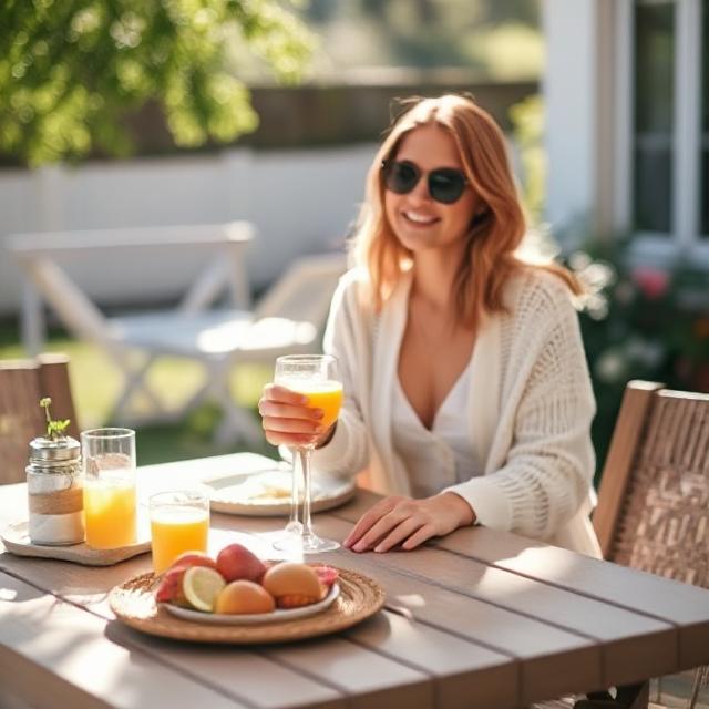 Outdoor brunch table with outfit in frame – sunlight, mimosas, soft cardigan vibes