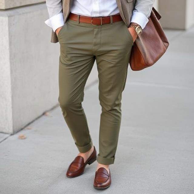 Outfit featuring olive chinos, white shirt, and loafers