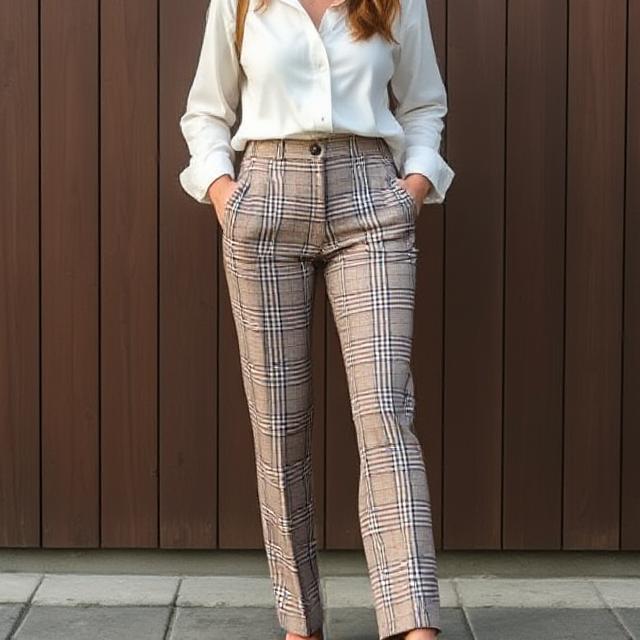 Outfit featuring plaid trousers + tucked-in cream blouse
