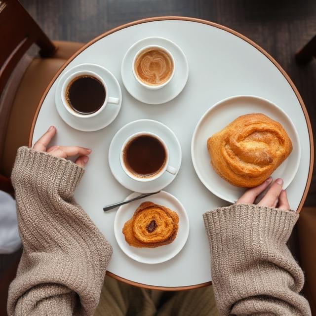 Overhead café table pic with coffee, pastries, and cropped sweater sleeves in frame
