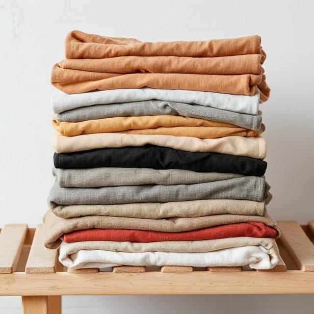 Pile of folded pants in neutral tones on a bench