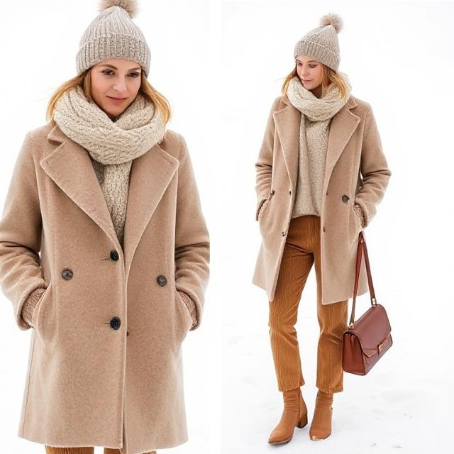 Pinterest winter outfit idea, all-beige layered look, wool coat, knit scarf, corduroy pants, beanie, leather bag, snowy backdrop, minimalist aesthetic