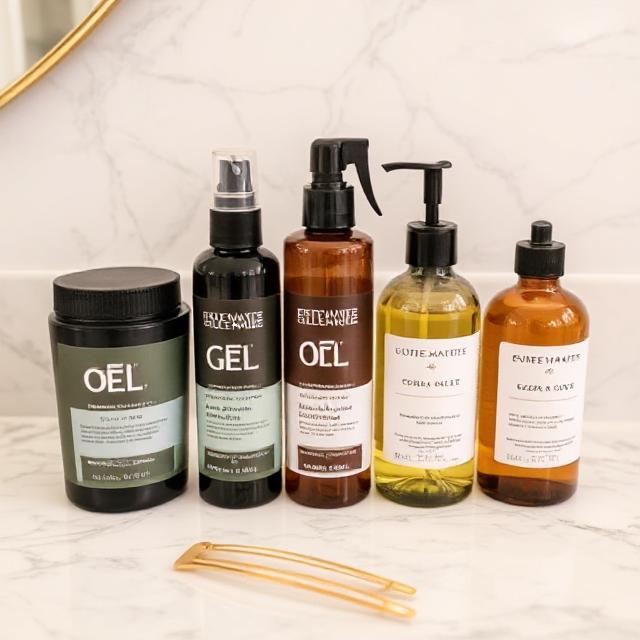 Product lineup: gel, spray, oil on marble counter with gold hair clips