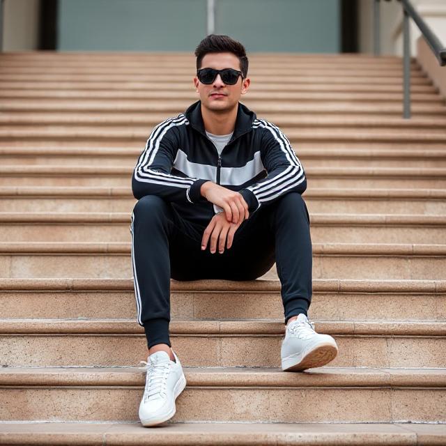 Seated pose on steps with sunglasses, minimal tracksuit, and fresh kicks