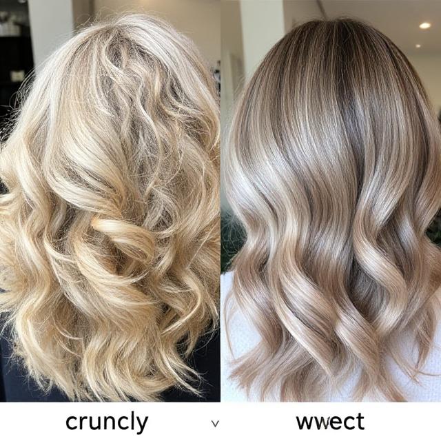 Side-by-side: crunchy vs. glossy soft wavy wet finish
