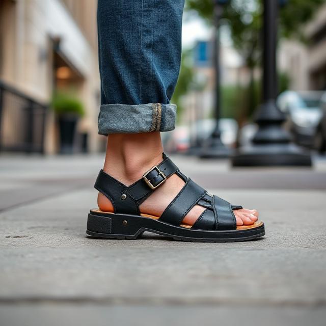 Side profile shot of black fisherman sandals on city sidewalk