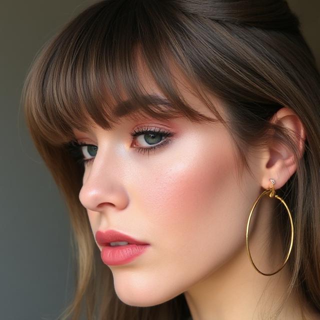 Side shot of bangs with soft makeup and gold hoops