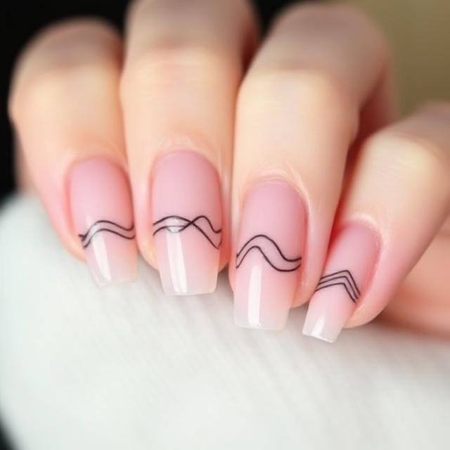 Simple wave line art on short nude nails