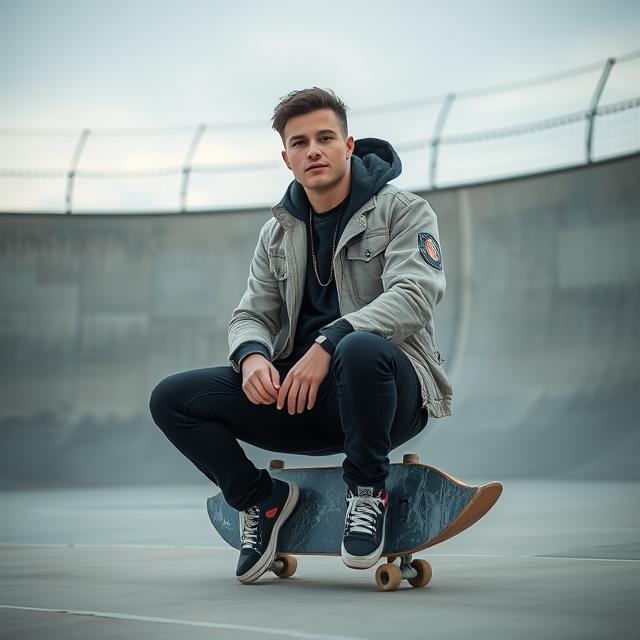 Skatepark shot with model sitting on board wearing layered outfit