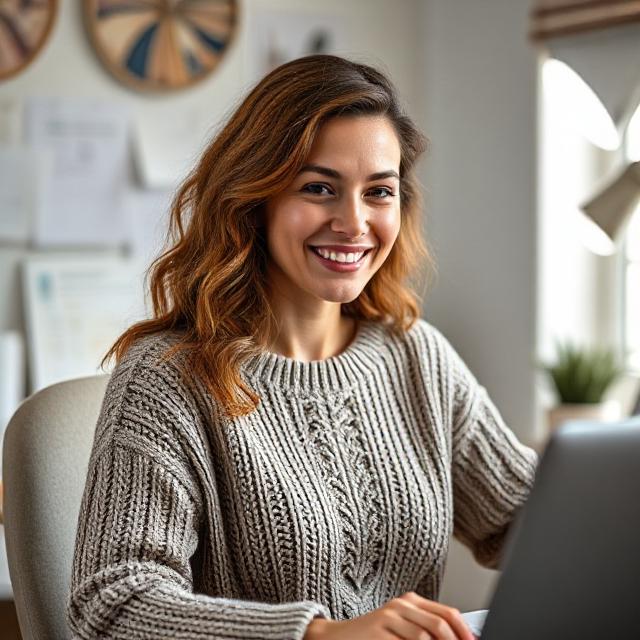 Smiling woman at her desk in soft knit co-ord