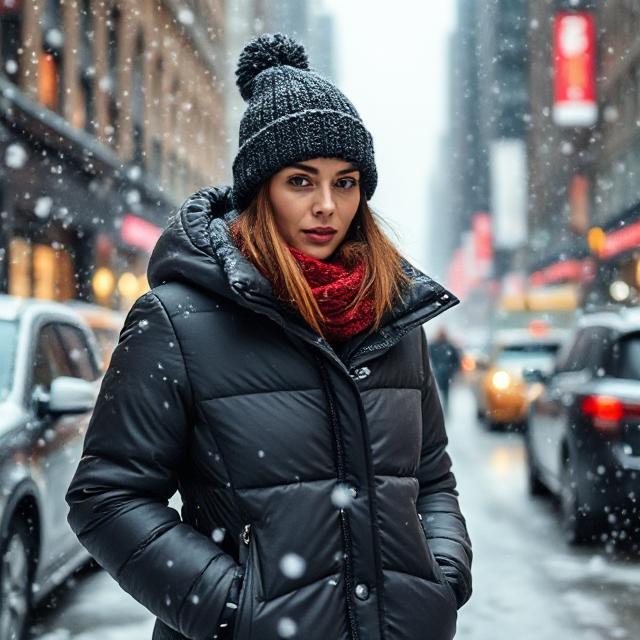 Snow falling in NYC with model in long puffer and knit hat