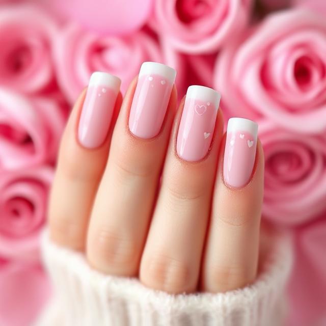 Soft Pink French with Heart Accents