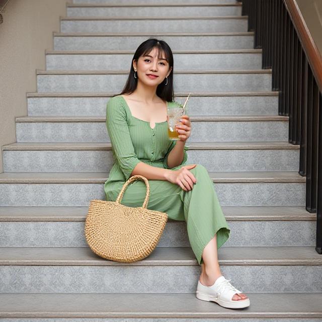 Staircase sitting pose with outfit, straw bag, and iced matcha in hand