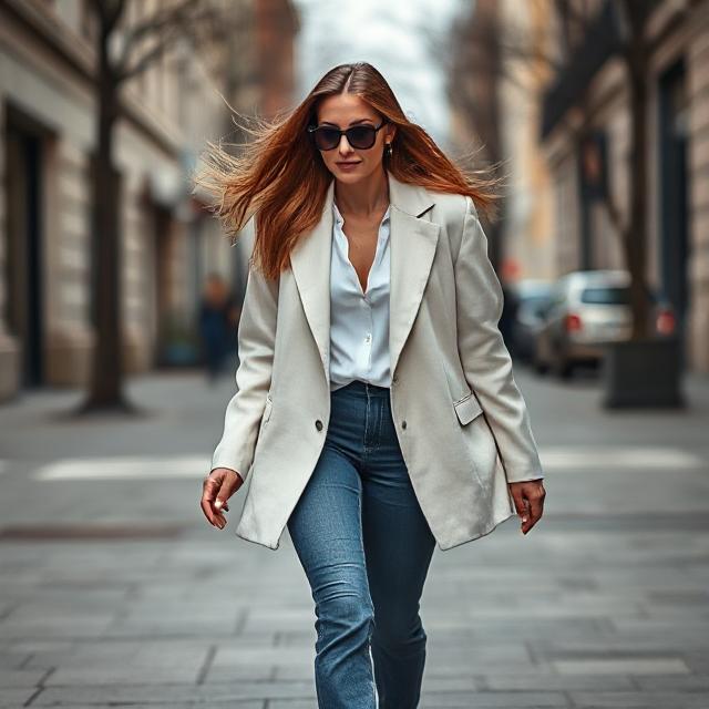 Street-style mid-walk with oversized blazer blowing in wind