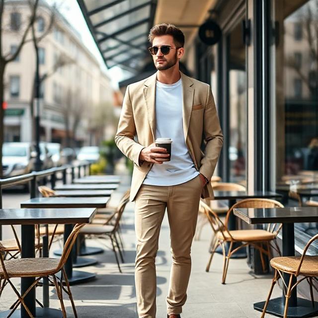 Stylish man standing outside café in daylight, wearing beige blazer over white crew neck tee, slim khaki chinos, leather loafers, holding coffee cup, urban background with brunch tables