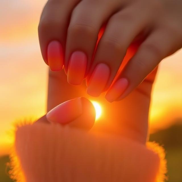 Sunset ombré nails glowing in golden hour light