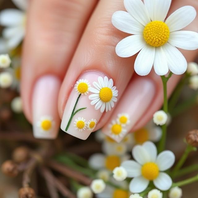 Tiny Daisies on Milky White Nails