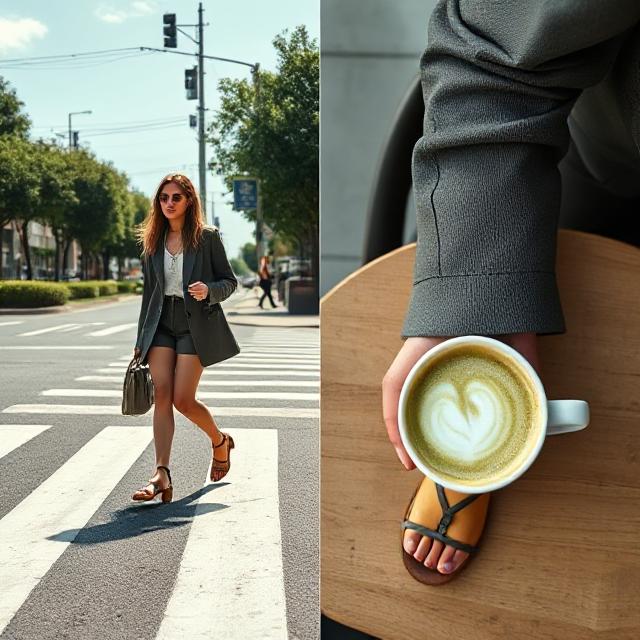 Top-down café shot with blazer sleeves, matcha latte, and sandal detail