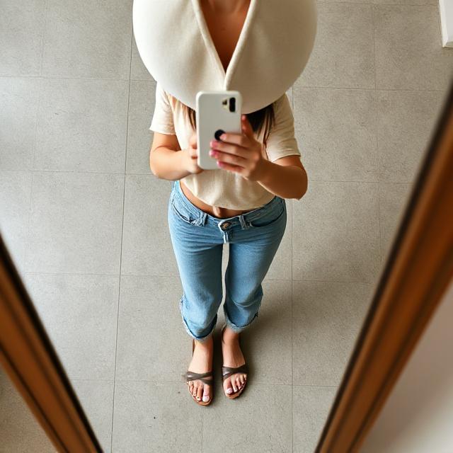 Top-down mirror selfie showing cropped jeans and sandals