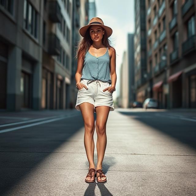 Urban background with shadows, outfit centered with sandals