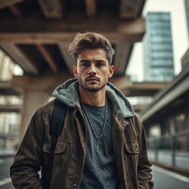 Urban shot under bridge with grungy tones and focus on outfit textures