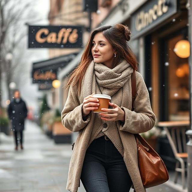 Walking brunch shot, full outfit in neutral layers, cozy and warm, café signage in background, snowflakes midair
