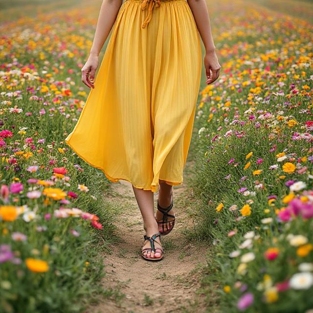 Walking shot in flower field with dress flowing and sandals peeking out
