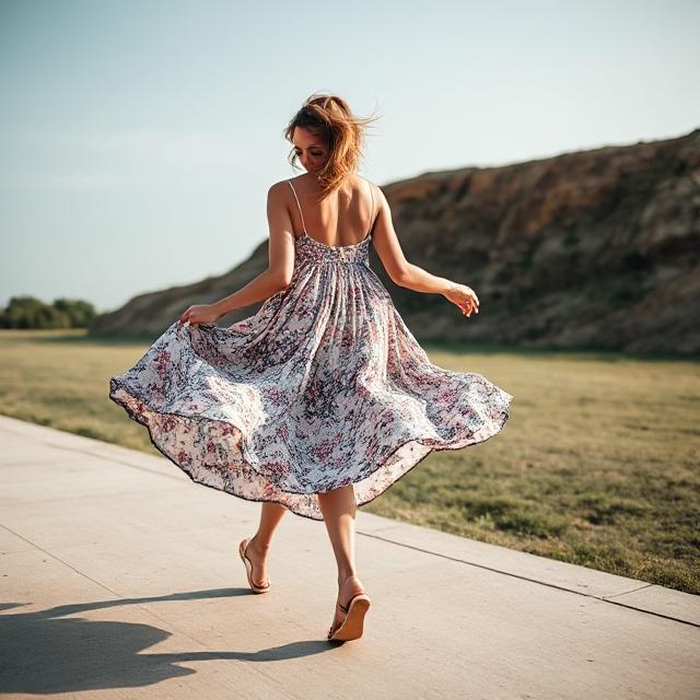 Walking shot with dress flowing, sandals peeking out
